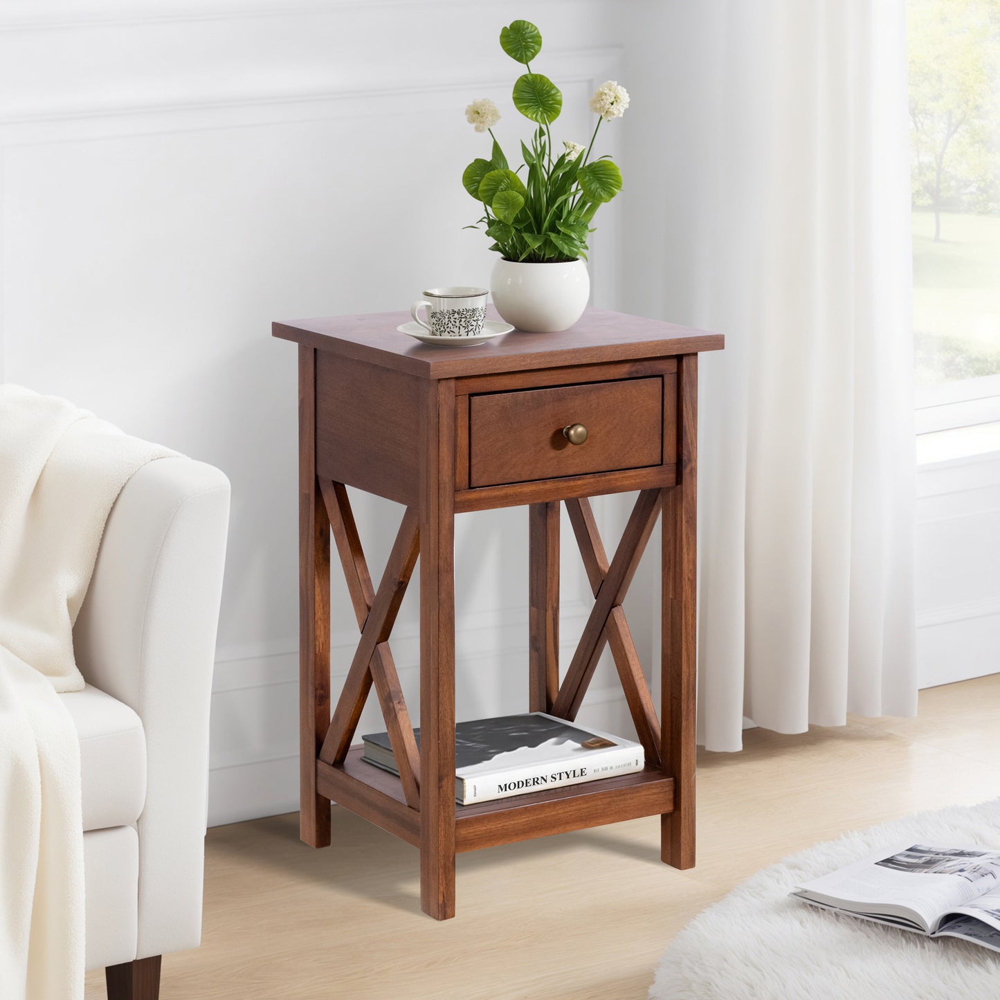 eHemco X-Side Rathe Nightstand End Table Side Table with Drawer and Storage Shelf