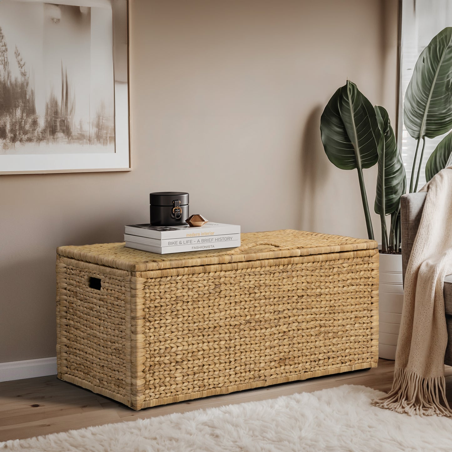 eHemco Heavy-duty Water Hyacinth Wicker Storage Trunk with Metal Frame, 42 by 20 by 18.5 Inches, Natural
