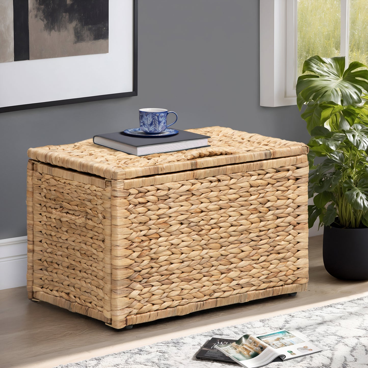 eHemco Heavy-duty Water Hyacinth Wicker Storage Trunk with Metal Frame, 20.5 by 14.8 by 13.4 Inches, Natural