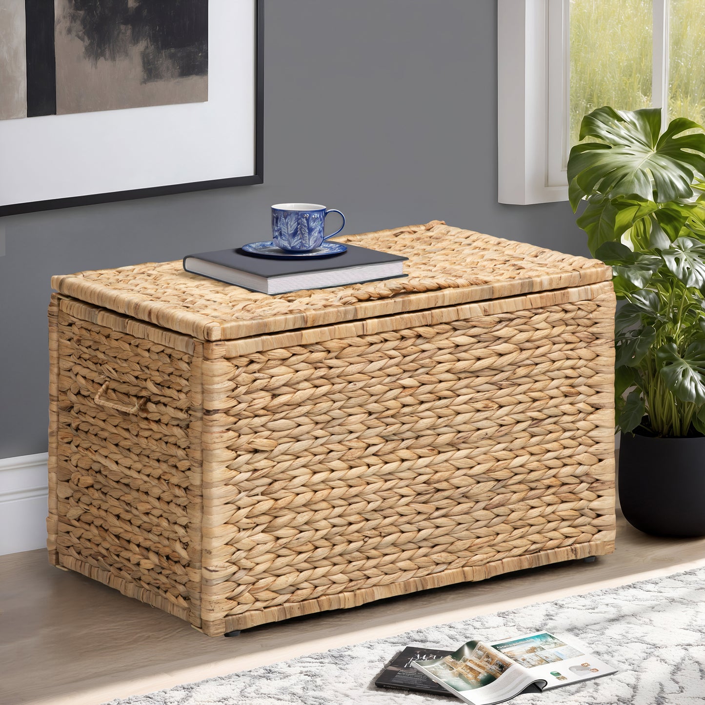 eHemco Heavy-duty Water Hyacinth Wicker Storage Trunk with Metal Frame, 23.3 by 16.5 by 15.2 Inches, Natural
