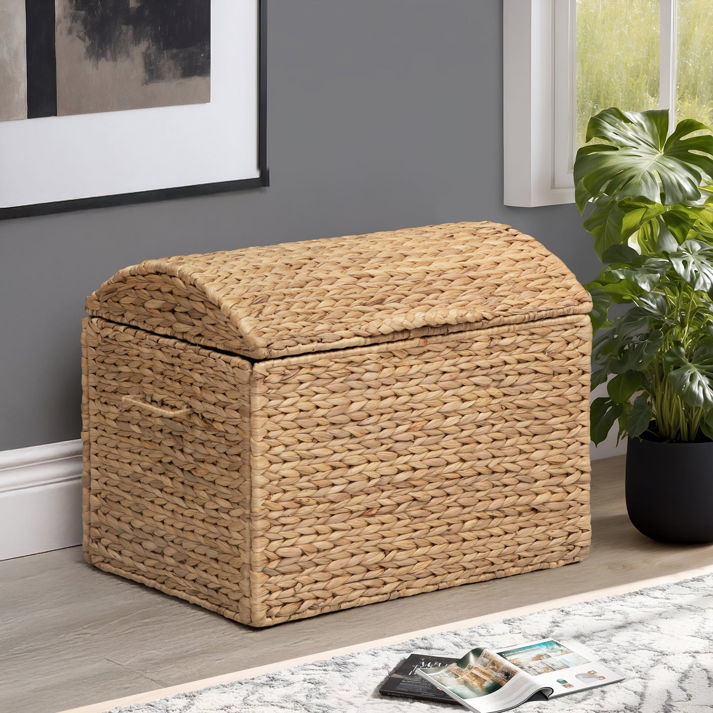 eHemco Heavy-duty Water Hyacinth Wicker Storage Trunk with Metal Frame and Arch Lid, 20.5 by 14.5 by 16 Inches, Natural