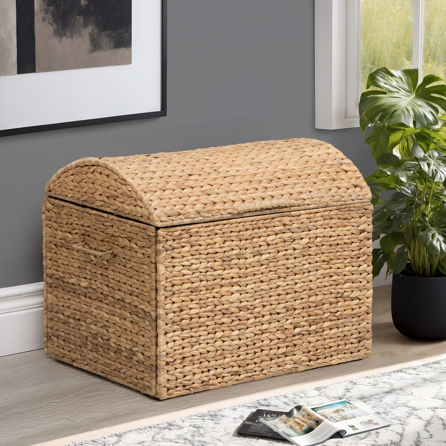 eHemco Heavy-duty Water Hyacinth Wicker Storage Trunk with Metal Frame and Arch Lid, 24.4 by 16.5 by 18.5 Inches, Natural