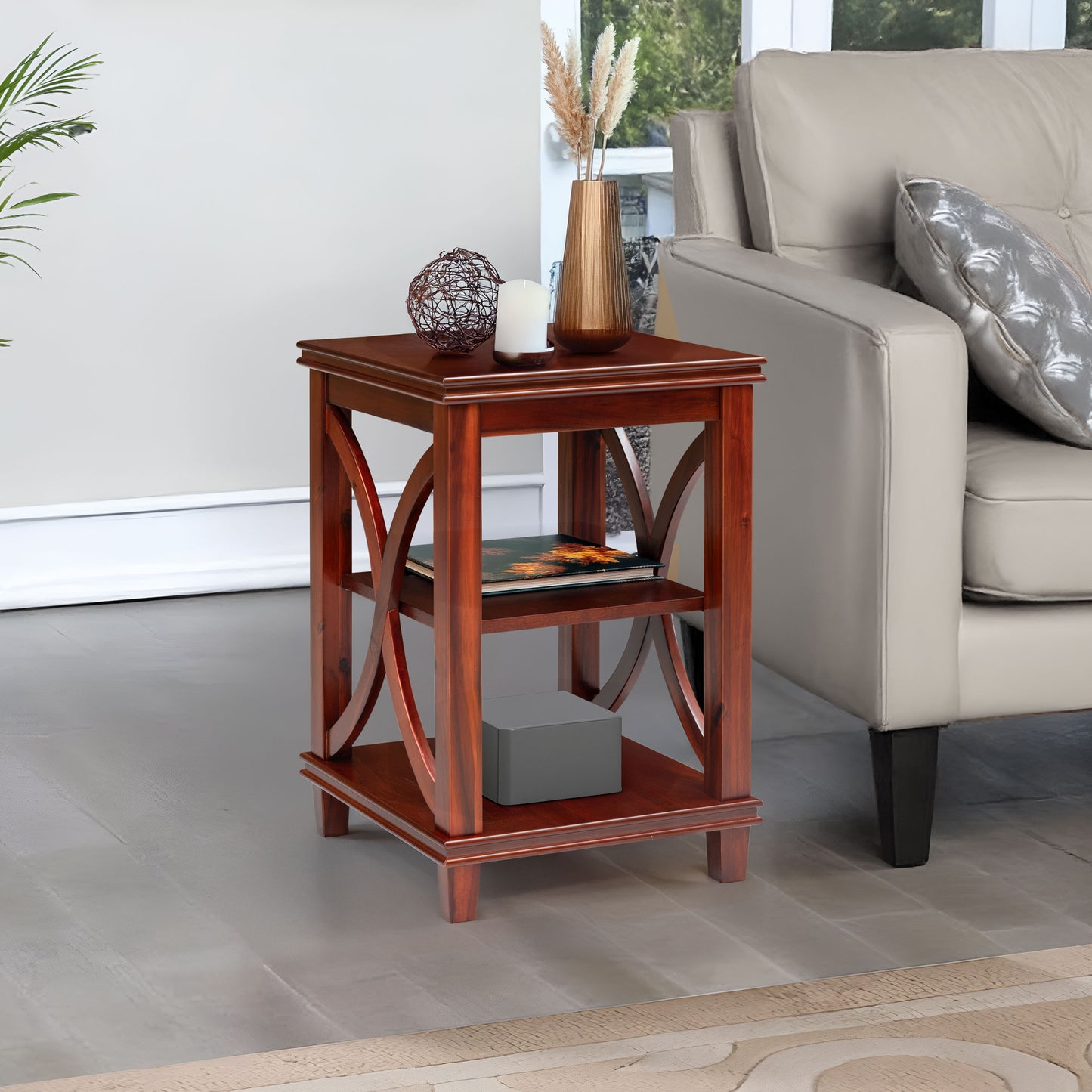 eHemco Solid Wood Square End Table with X-Design, Side Table with Storage Shelves, Cherry