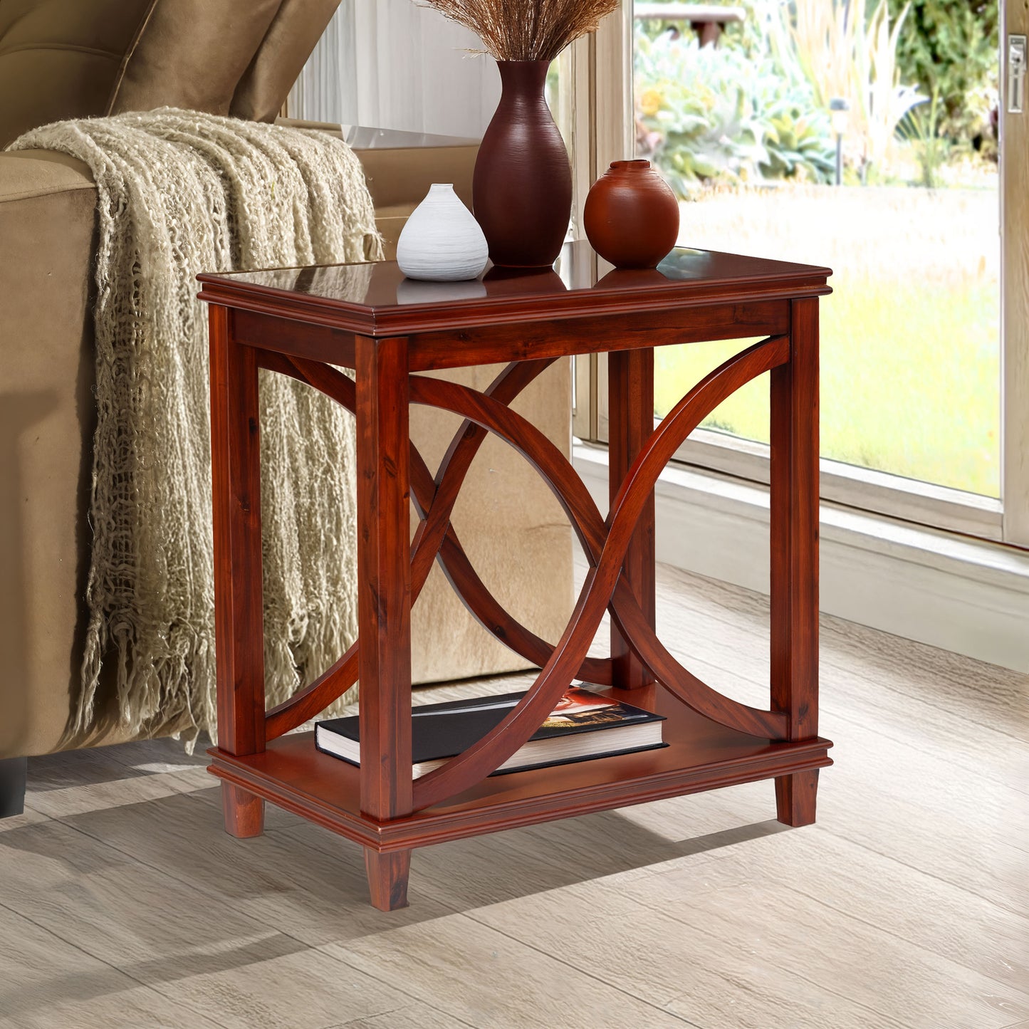 eHemco Solid Wood Rectangle Decorative Console Table, 2-Tier Side Table with X-Design Design, Cherry