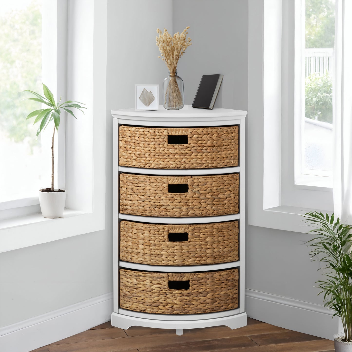 eHemco Hampton Meadows 4 Tier X-Side Corner Storage End Table with 4 Wicker Baskets
