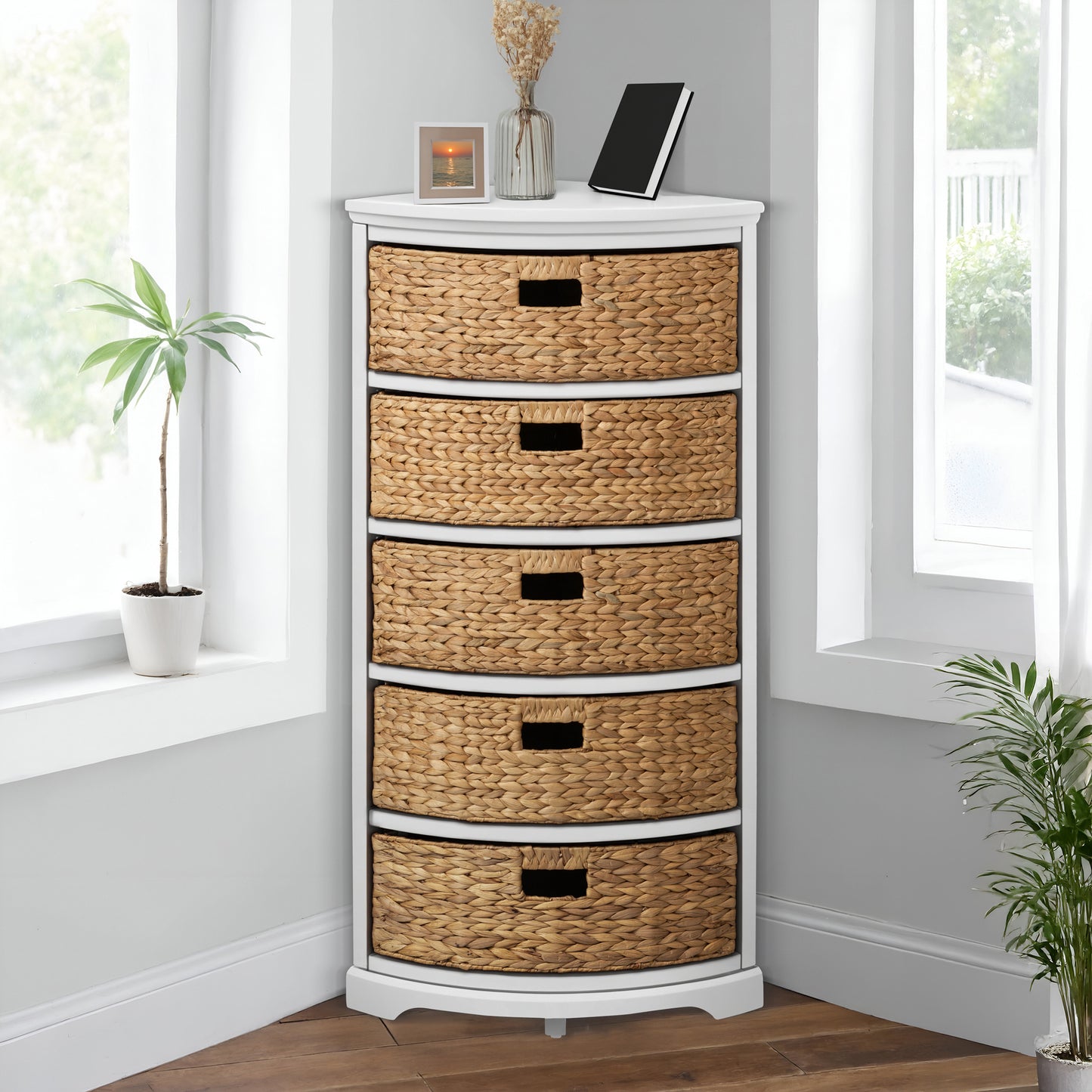 eHemco Hampton Meadows 5 Tier X-Side Corner Storage Drawers with 5 Wicker Baskets