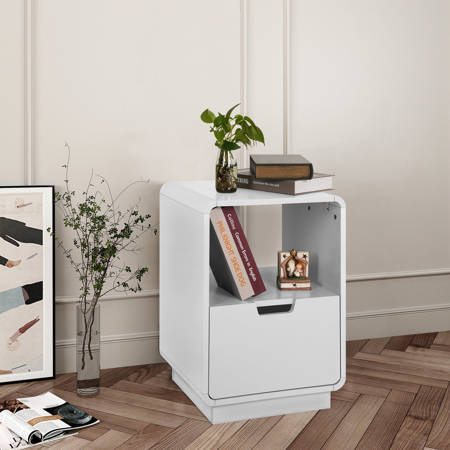 eHemco Contemporary Side Table End Table with Storage Drawer, White, 22.8H x 15.7W x 15D inches