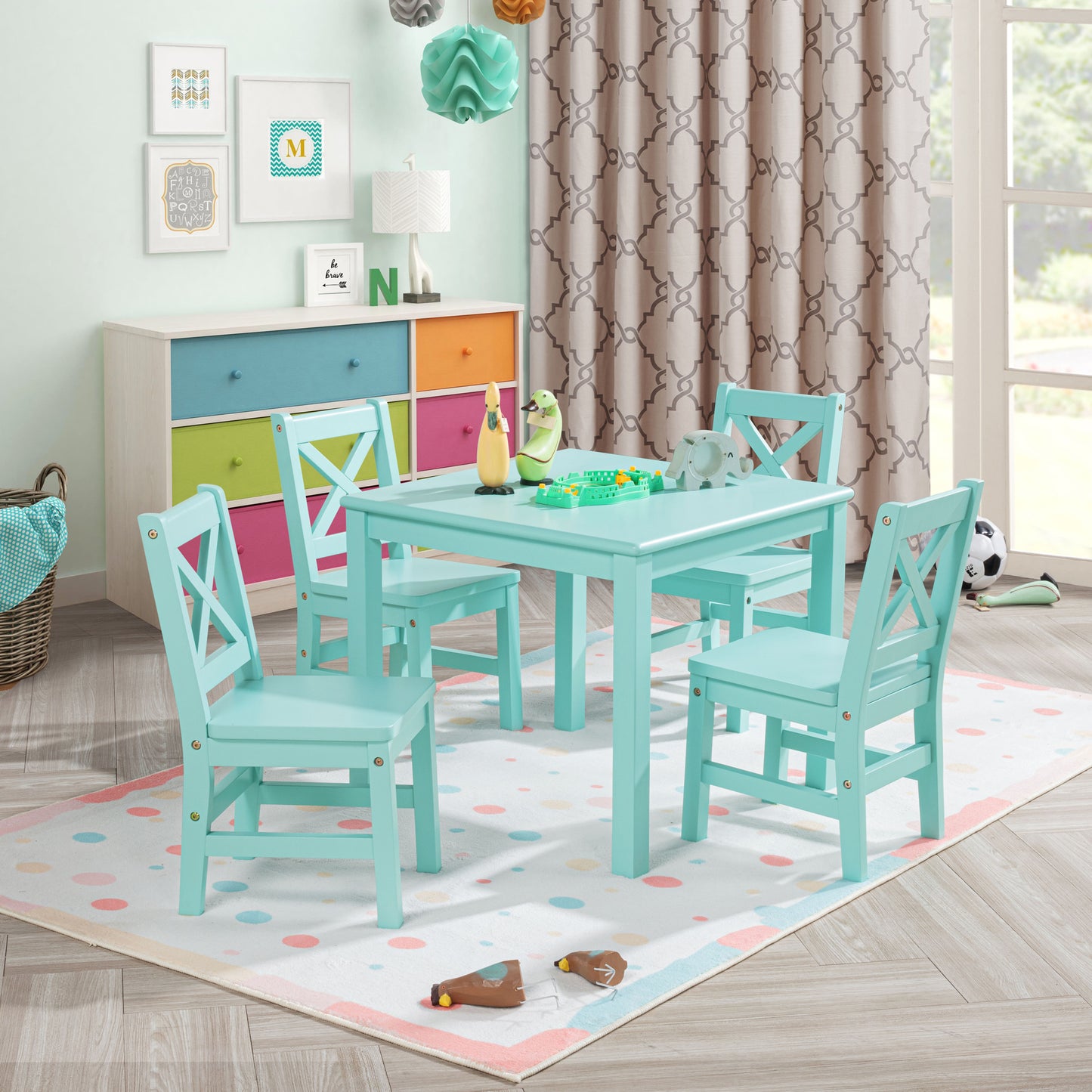 eHemco Solid Hard Wood Kids Table and Chair Set (4 Chairs Included), 5 Piece Set
