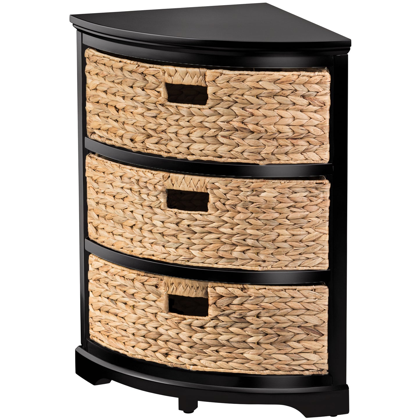 eHemco Hampton Meadows 3 Tier X-Side Corner Table Storage Cabinet with 3 Natural Water Hyacinth Wicker Baskets for Living Room