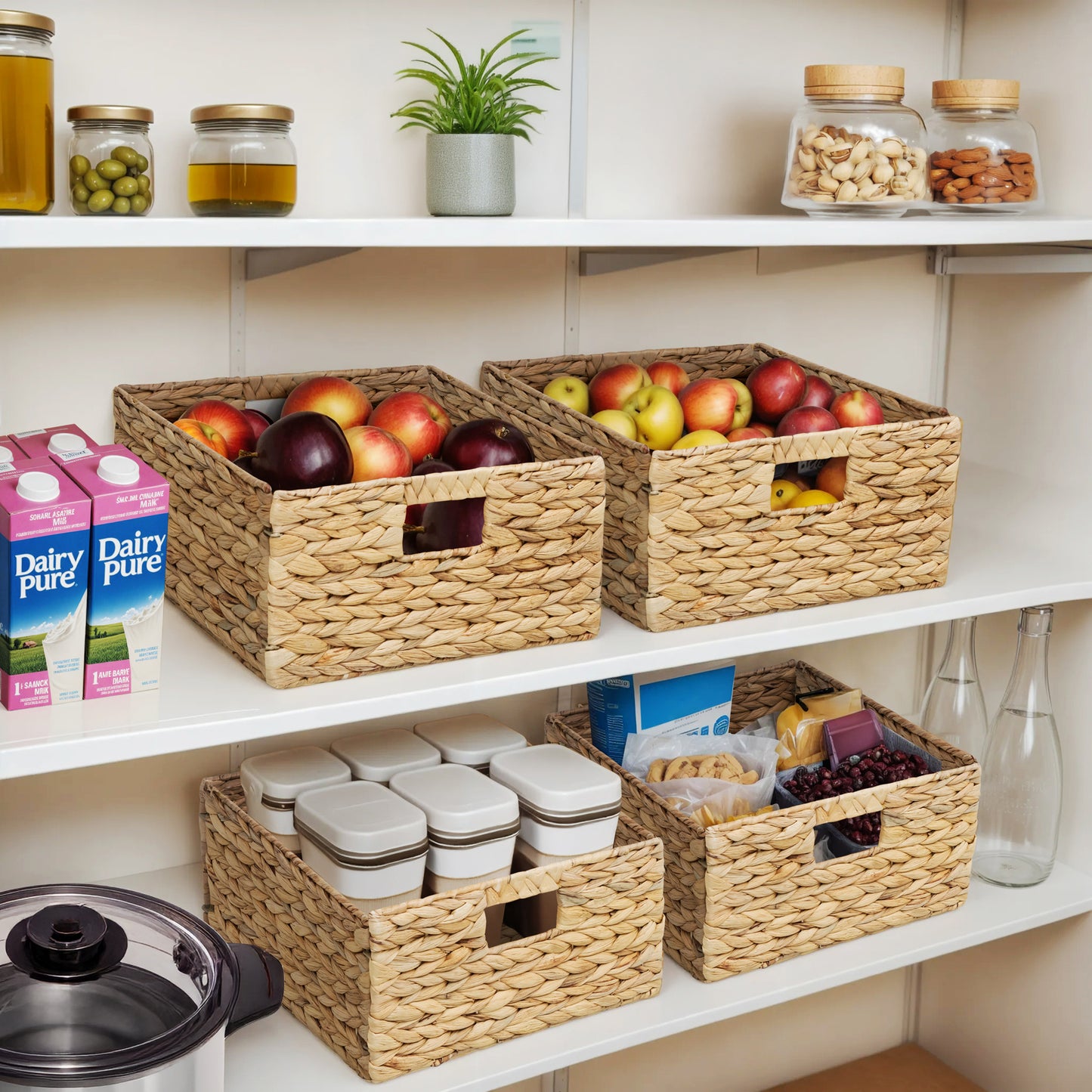 eHemco Large Square Woven Hyacinth Wicker Pantry Storage Baskets with Iron Wire Frame, 12"x12"x6", Natural