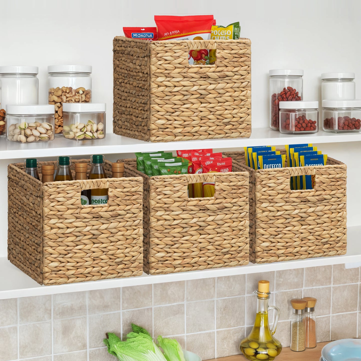 eHemco Large Square Woven Hyacinth Wicker Pantry Storage Baskets with Iron Wire Frame, 11"x11"x10", Natural
