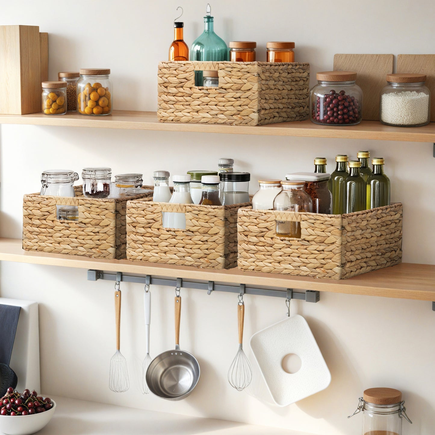 eHemco Rectangular Woven Hyacinth Wicker Pantry Storage Baskets with Iron Wire Frame, 13.25"x9"x7", Natural