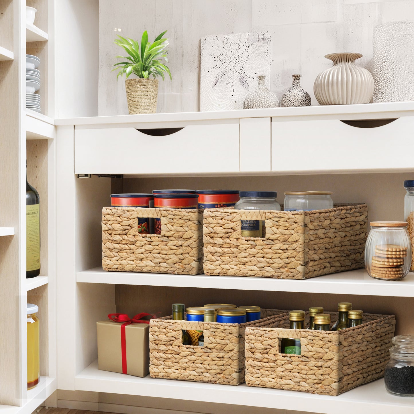 eHemco Rectangular Woven Hyacinth Wicker Pantry Storage Baskets with Iron Wire Frame, 13.25"x9"x7", Natural