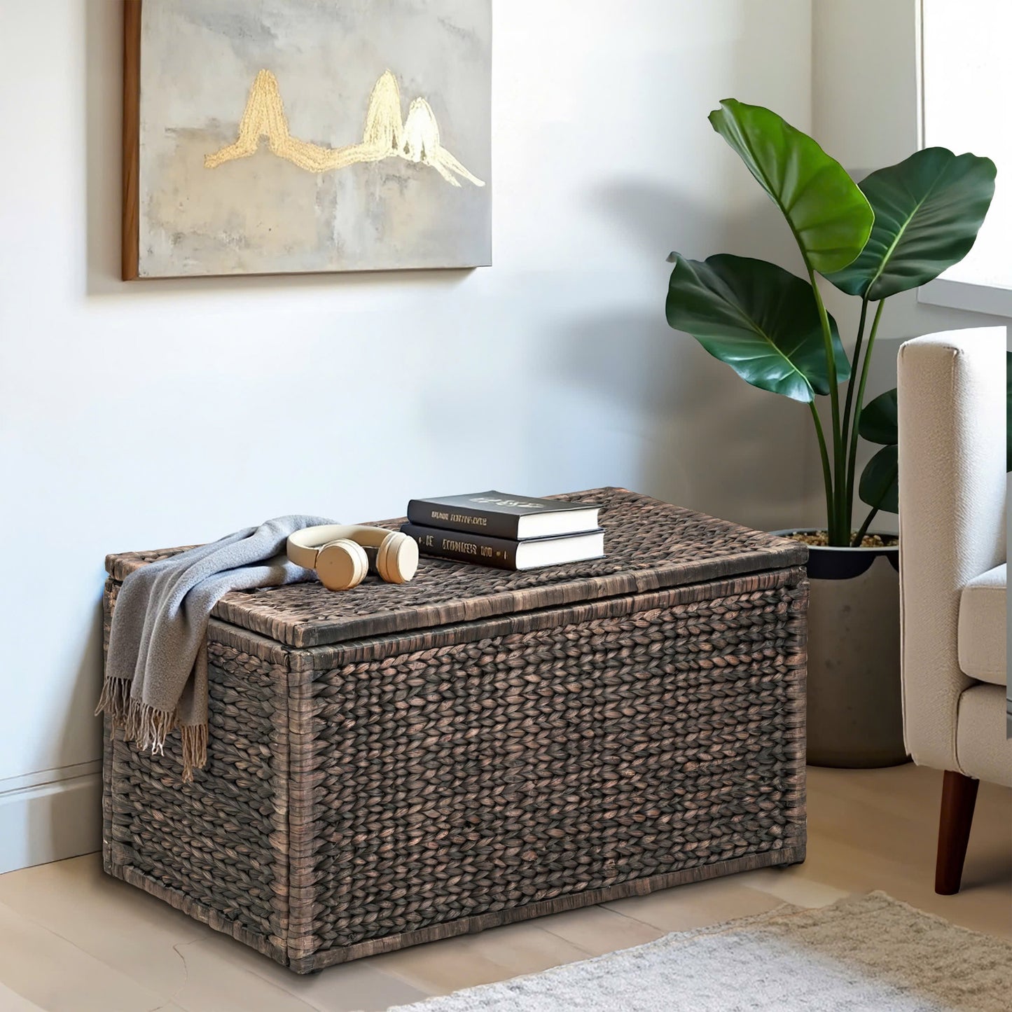 eHemco Heavy-duty Water Hyacinth Wicker Storage Trunk with Metal Frame, 36 by 20 by 18.5 Inches, Brown Wash