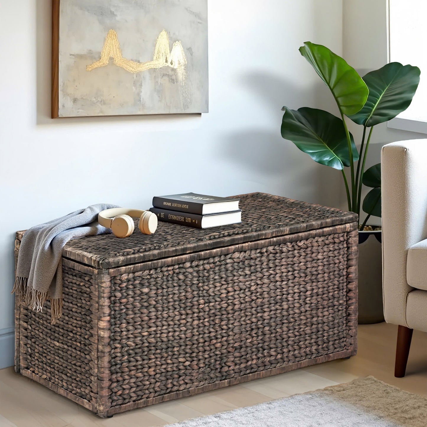 eHemco Heavy-duty Water Hyacinth Wicker Storage Trunk with Metal Frame, 42 by 20 by 18.5 Inches, Brown Wash