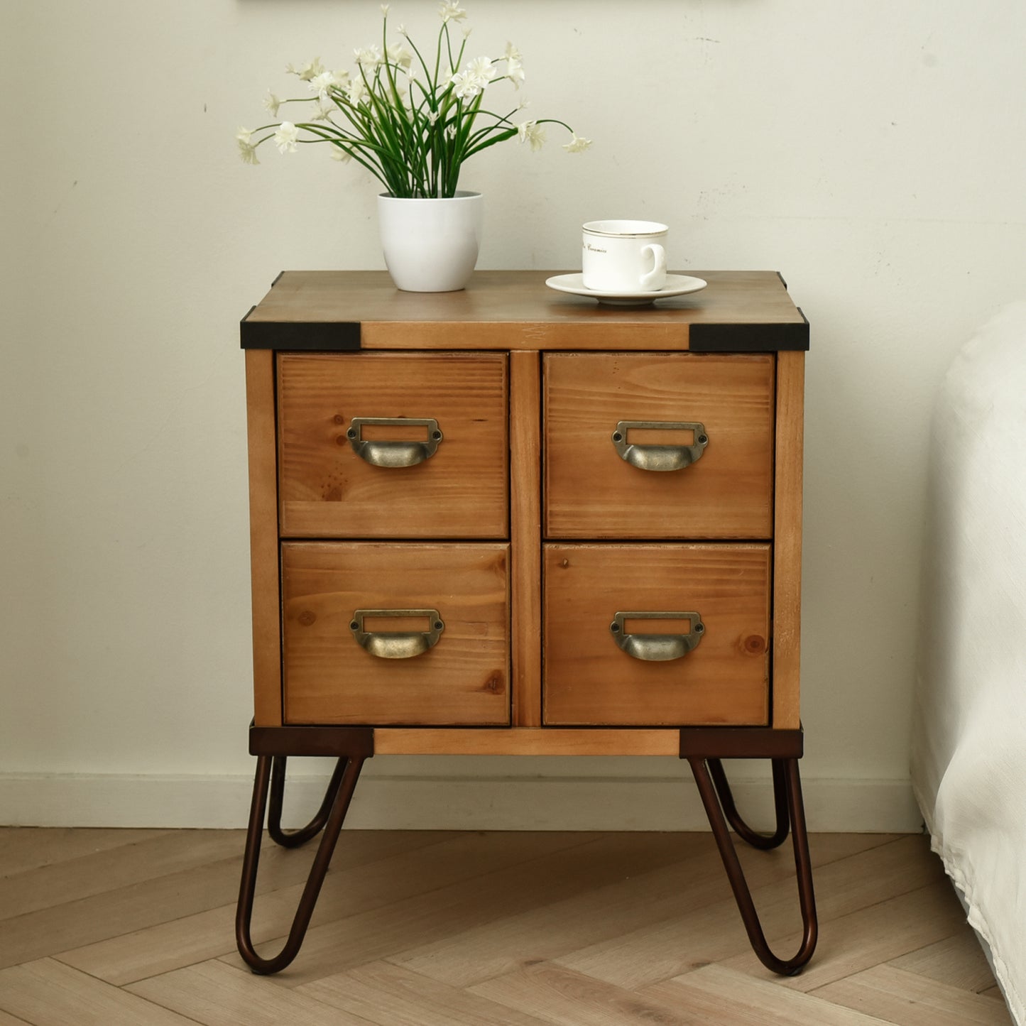 eHemco Antique Style 4-Drawer Storage End Table Side Table with Metal Hairpin Legs