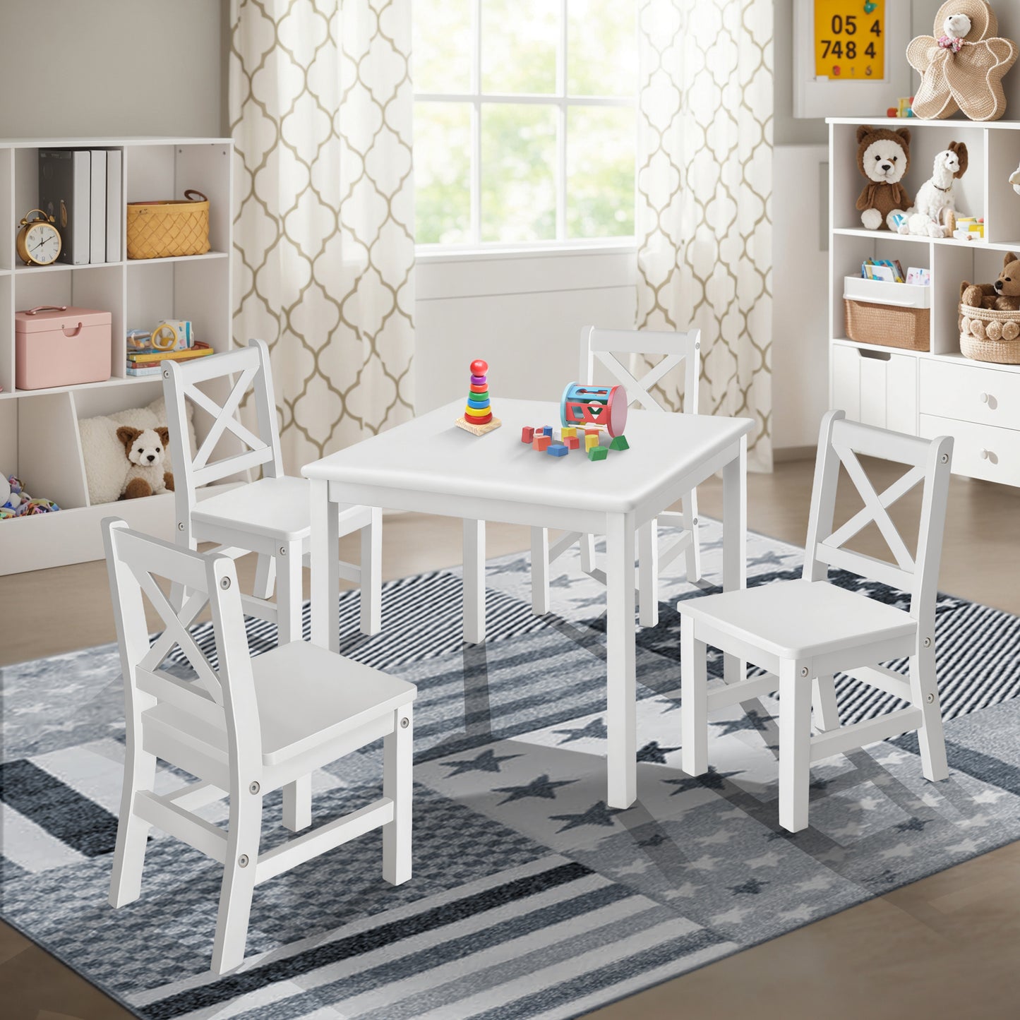 eHemco Solid Hard Wood Kids Table and Chair Set (4 Chairs Included), 5 Piece Set