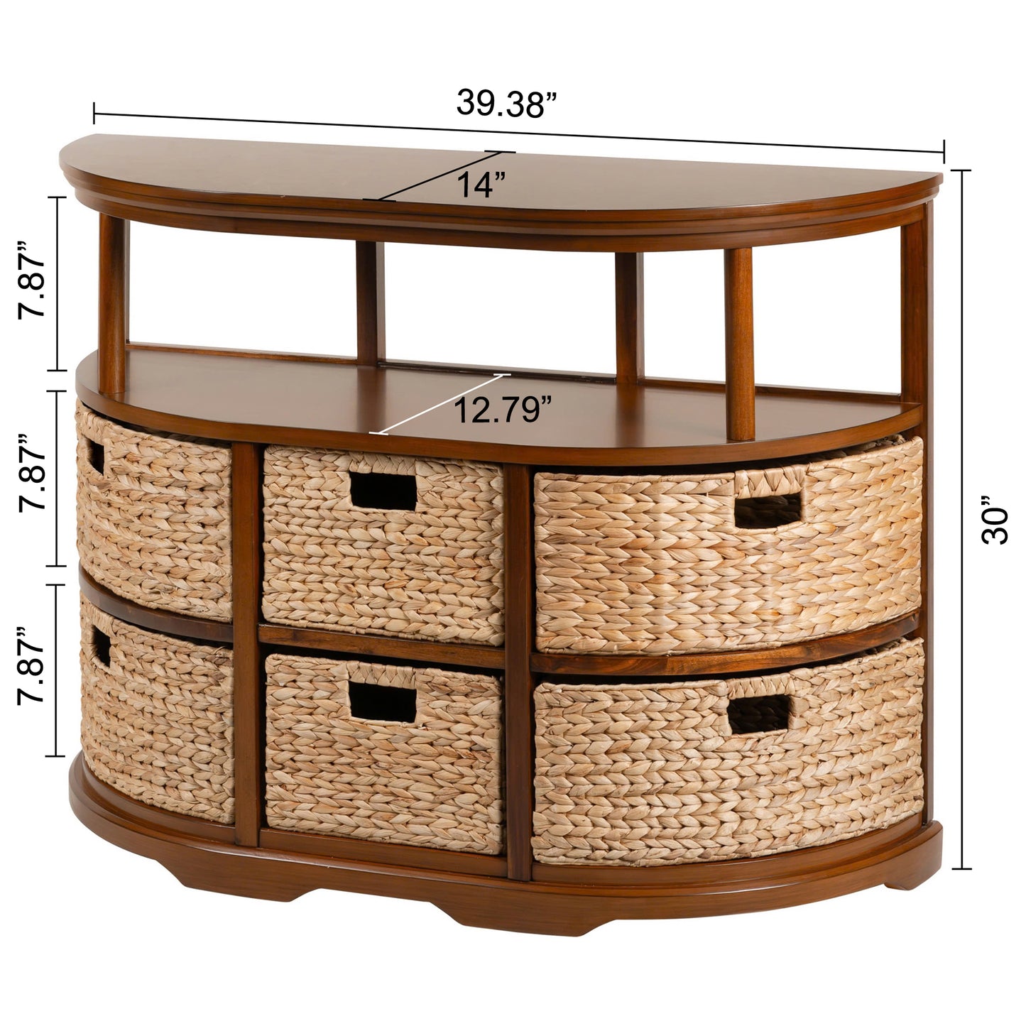 eHemco Hampton Meadows Half Moon Console Table with 6 Baskets and Shelf, Coffee