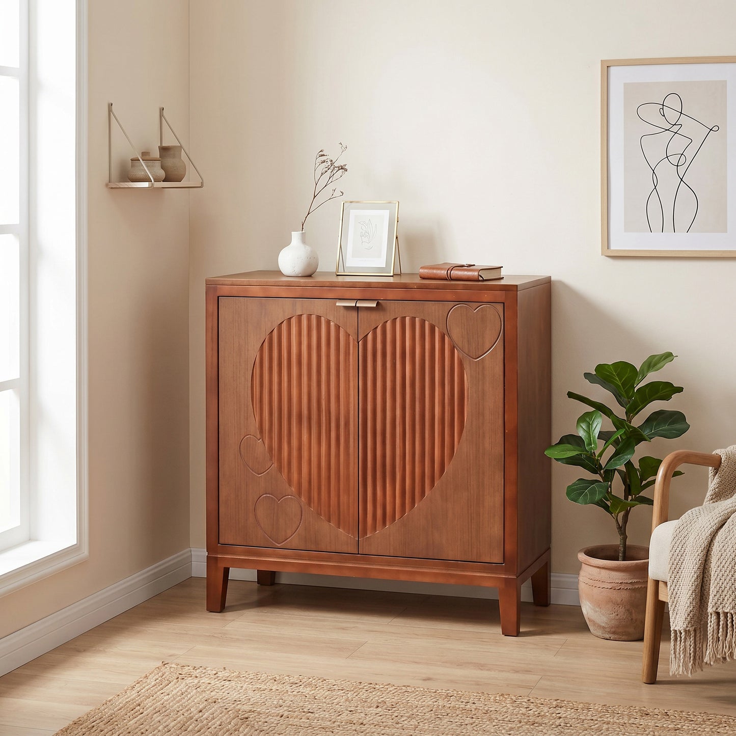 eHemco Kawaii Sweetheart 2-Door Storage Cabinet, Antique Walnut, 30 x 14 x 31 Inches, Heart Carved Design