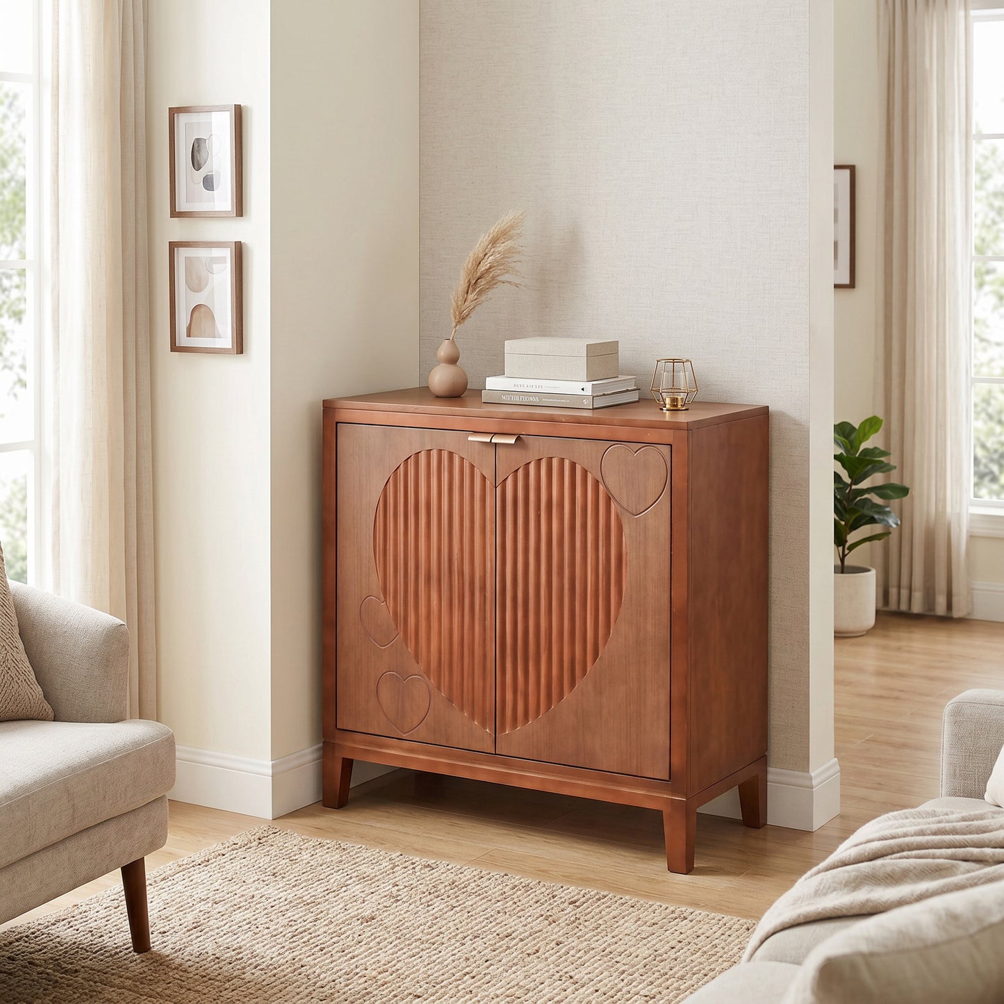 eHemco Kawaii Sweetheart 2-Door Storage Cabinet, Antique Walnut, 30 x 14 x 31 Inches, Heart Carved Design