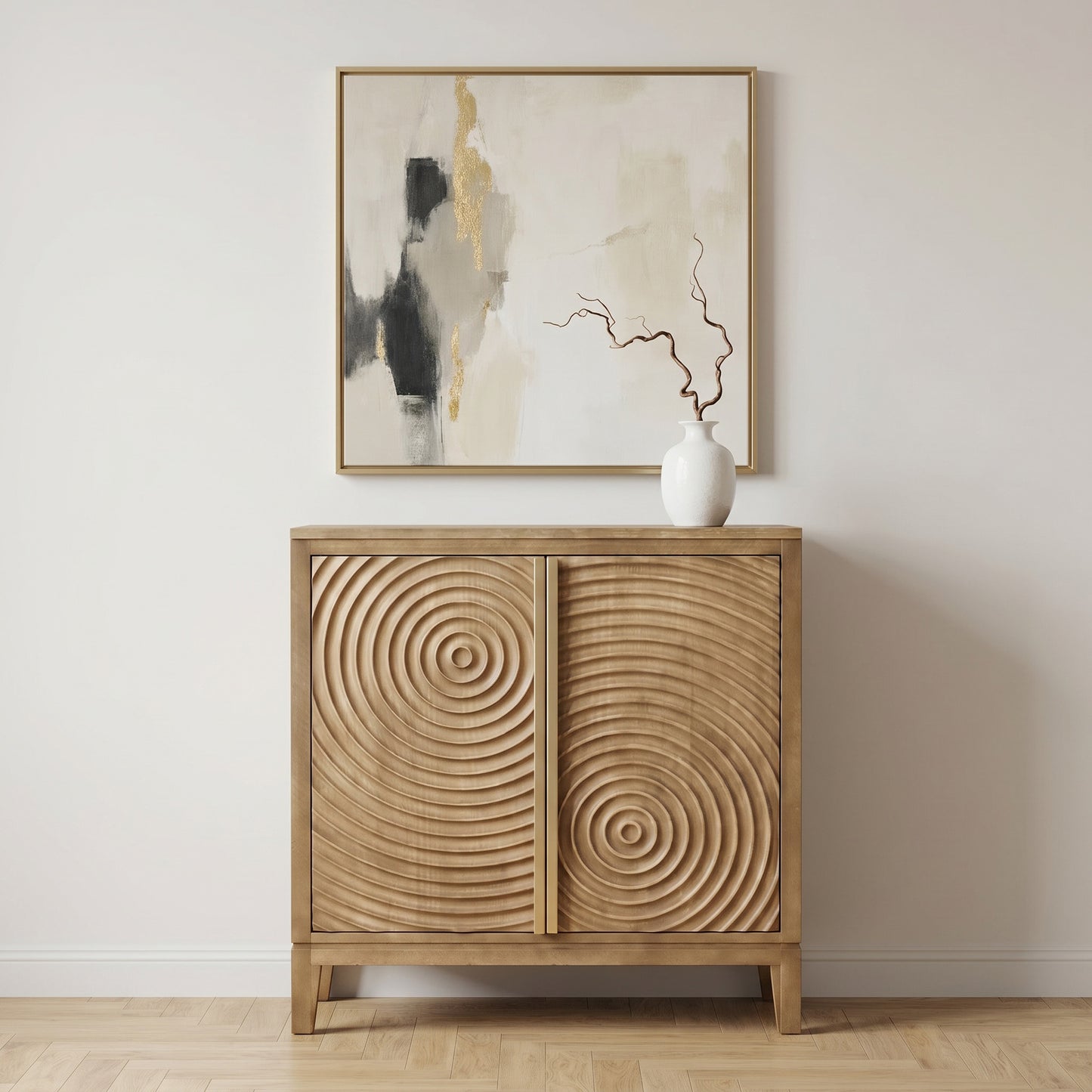 eHemco 2-Door Storage Cabinet with Geometric Ripple Carved Doors, Modern Retro Style, Natural Finish, 30 x 14 x 31 Inches
