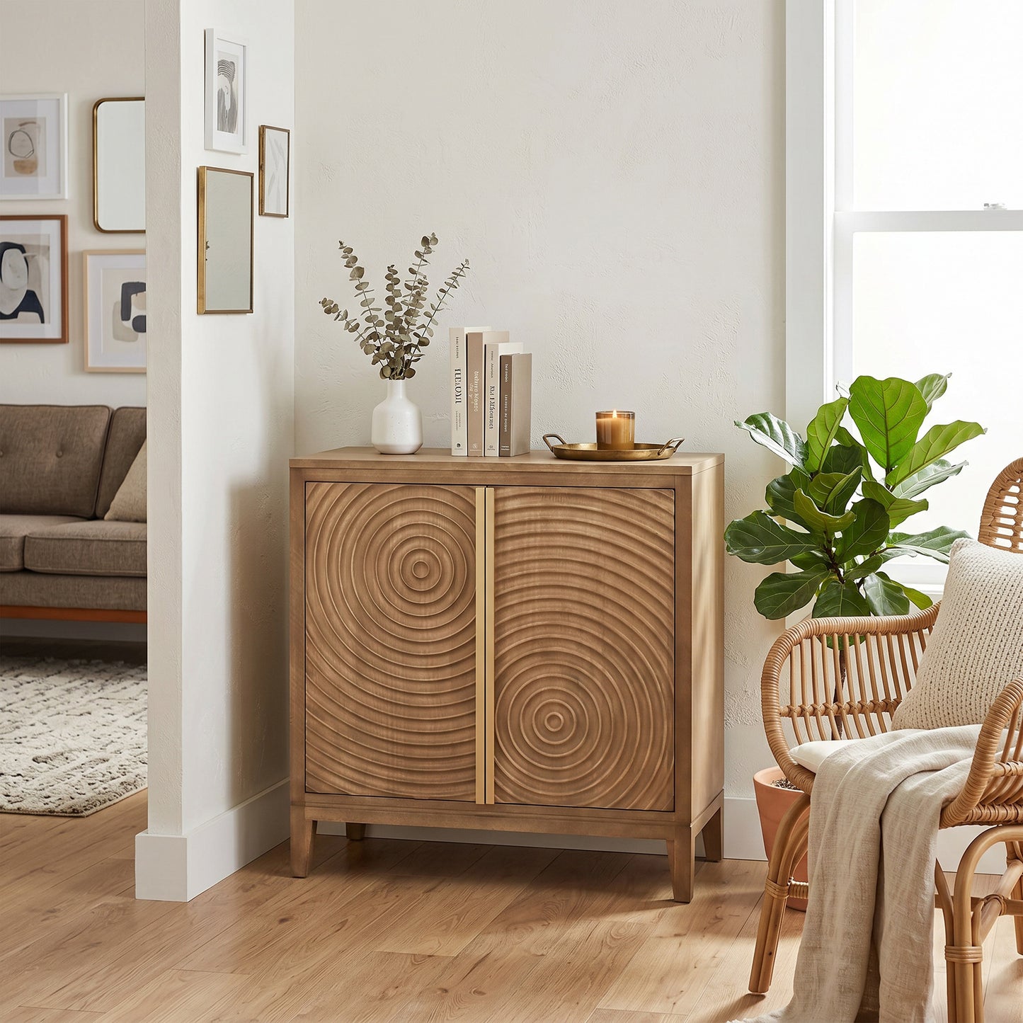 eHemco 2-Door Storage Cabinet with Geometric Ripple Carved Doors, Modern Retro Style, Natural Finish, 30 x 14 x 31 Inches