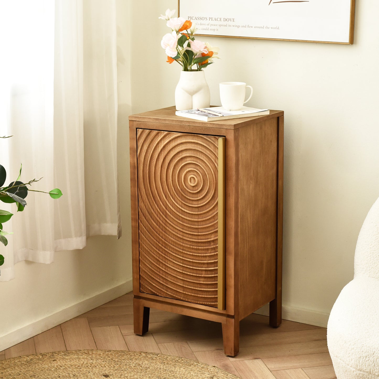 eHemco Geometric Ripple End Table with Storage, Modern Retro Style, 16.5 x 14 x 31 Inches, Indoor Living Room Furniture, Natural Finish