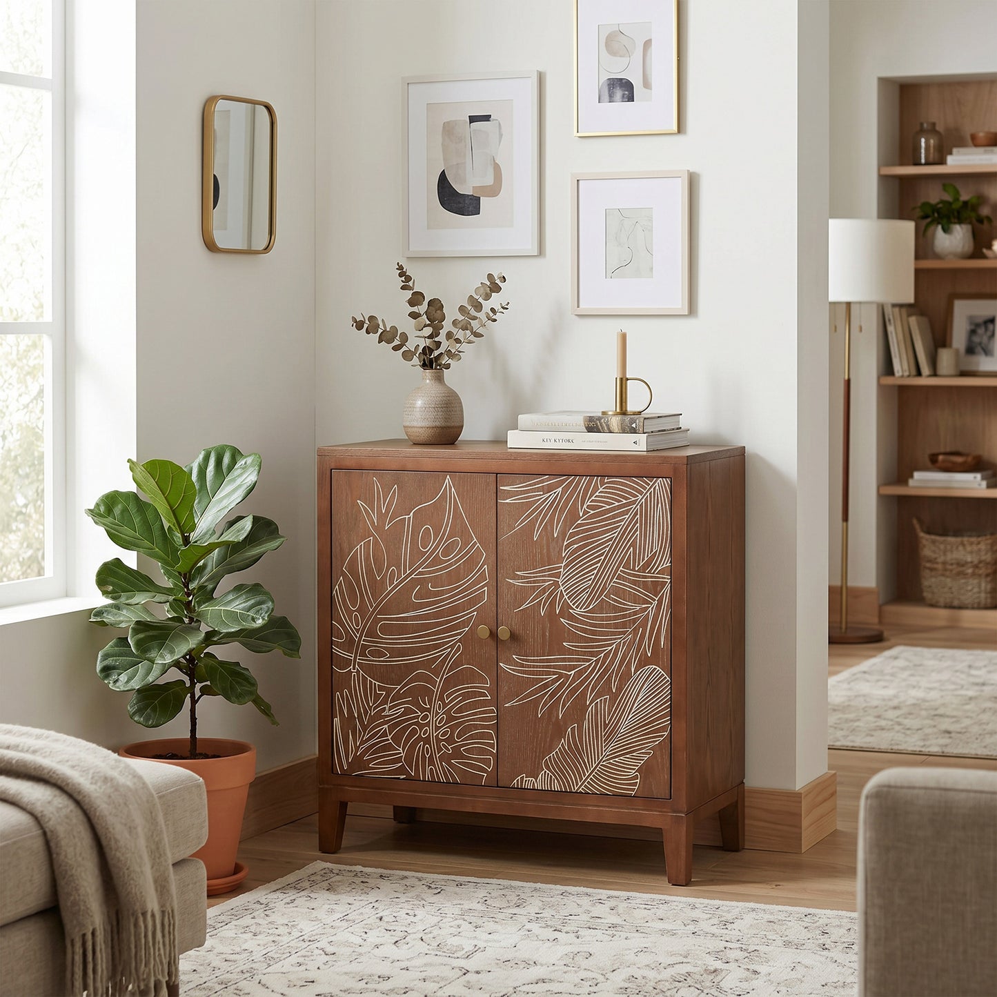 eHemco Tropical Monstera 2-Door Storage Cabinet, Modern Retro Style, Antique Walnut Finish, 30 x 14 x 31 Inches