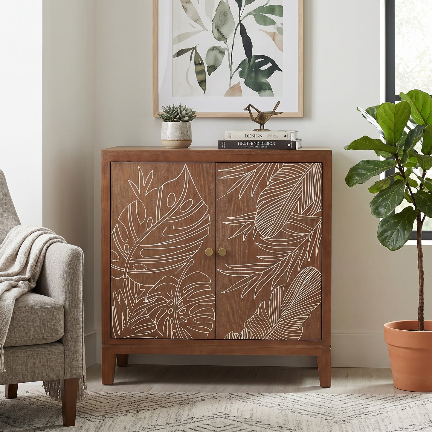 eHemco Tropical Monstera 2-Door Storage Cabinet, Modern Retro Style, Antique Walnut Finish, 30 x 14 x 31 Inches
