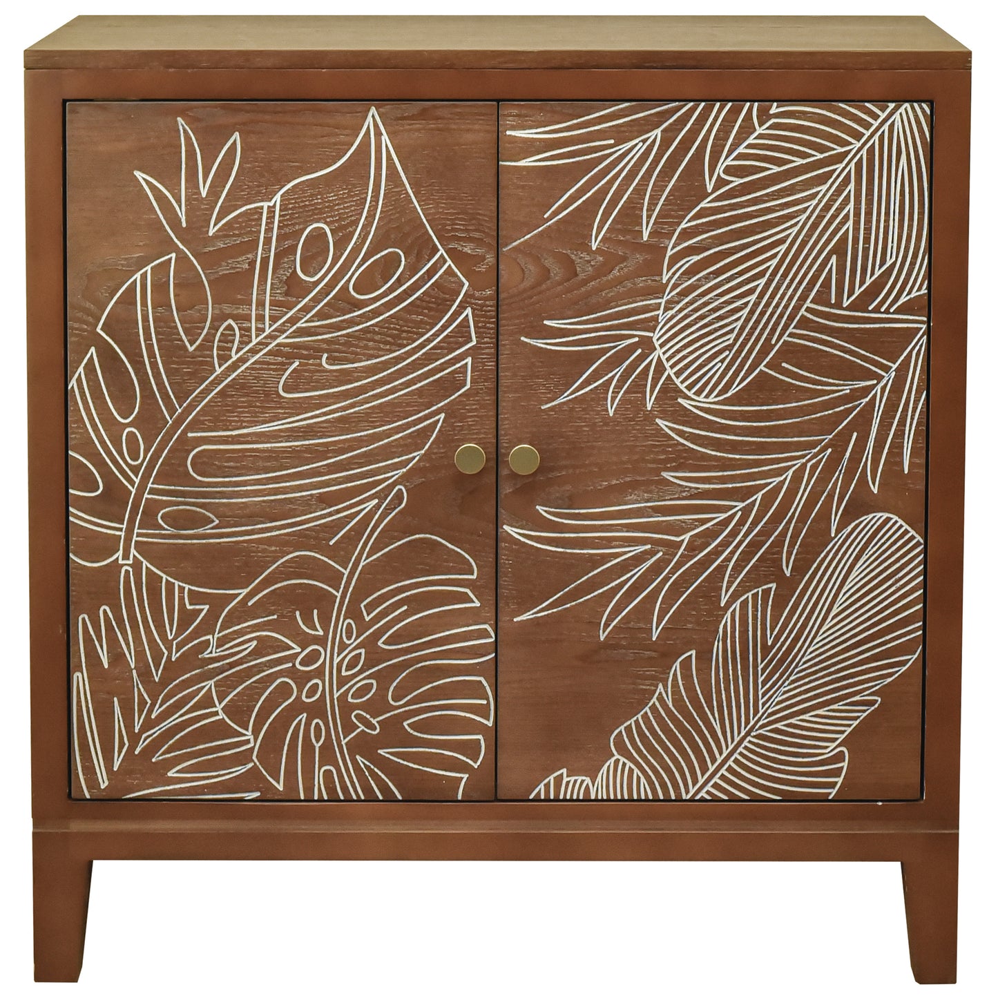 eHemco Tropical Monstera 2-Door Storage Cabinet, Modern Retro Style, Antique Walnut Finish, 30 x 14 x 31 Inches