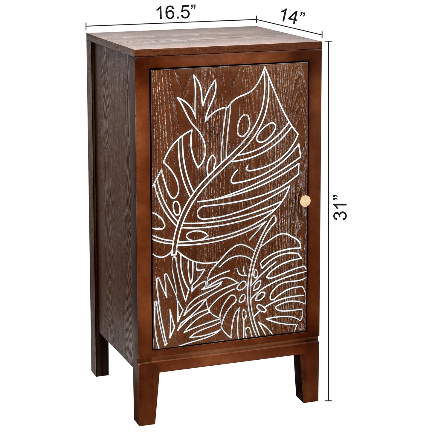 eHemco Tropical Monstera Door Accent End Table, Modern Retro Style, 16.5 x 14 x 31 Inches, Antique Walnut Finish
