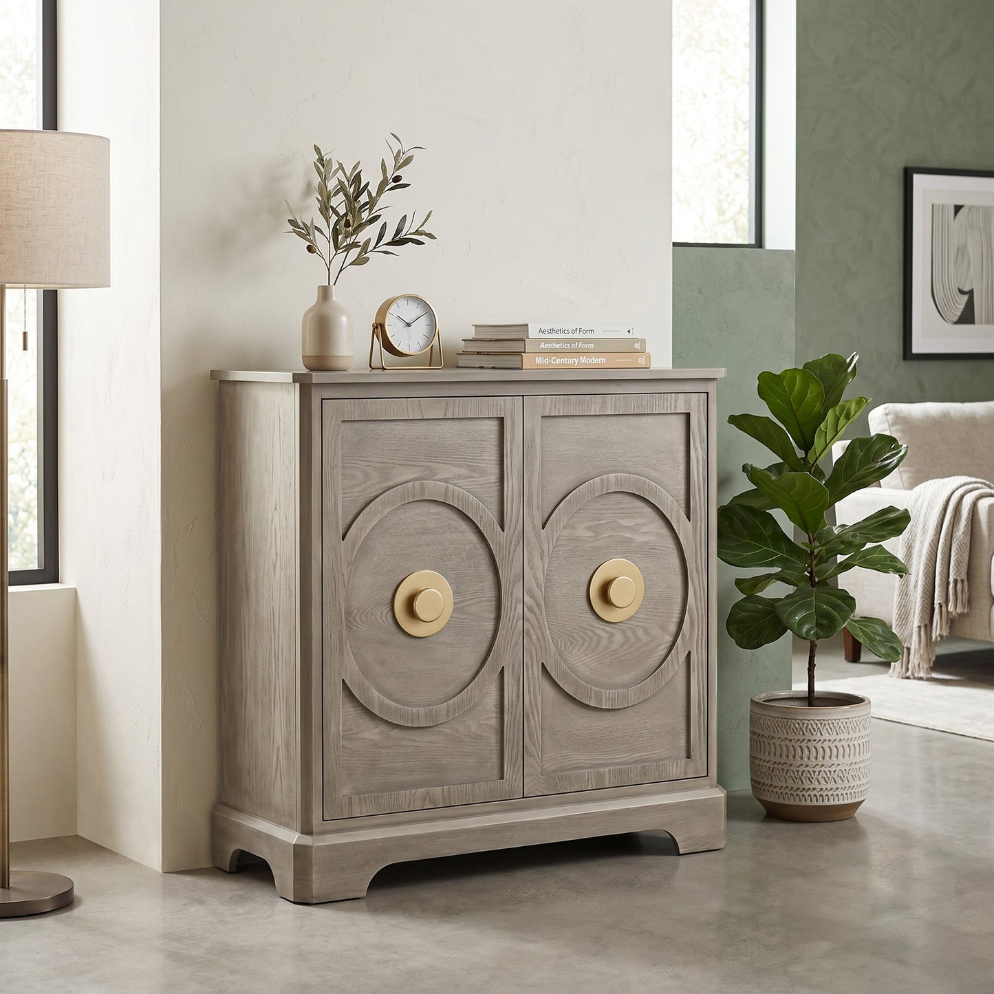 eHemco Art Deco 2-Door Storage Cabinet with Gold Accent Knob, Modern Retro Style, 32 x 14 x 33 Inches, Light Gray