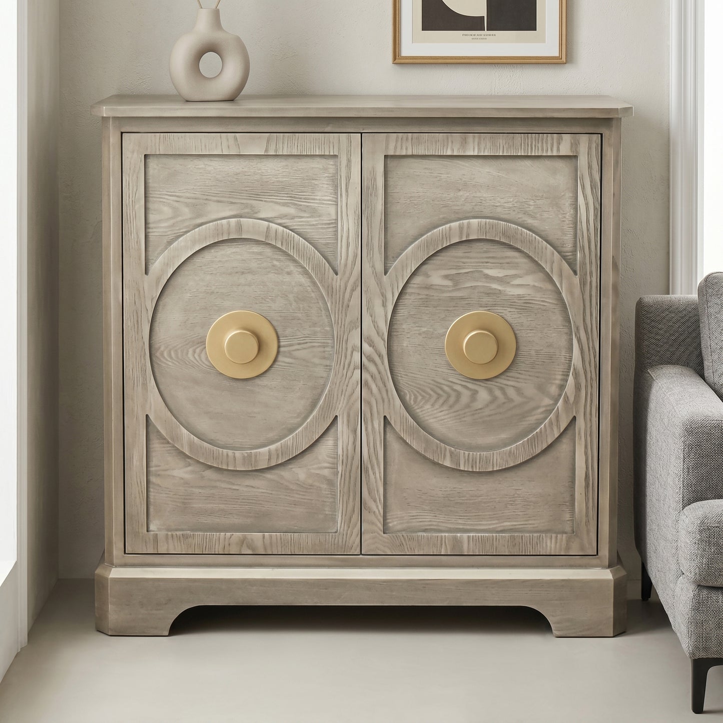 eHemco Art Deco 2-Door Storage Cabinet with Gold Accent Knob, Modern Retro Style, 32 x 14 x 33 Inches, Light Gray