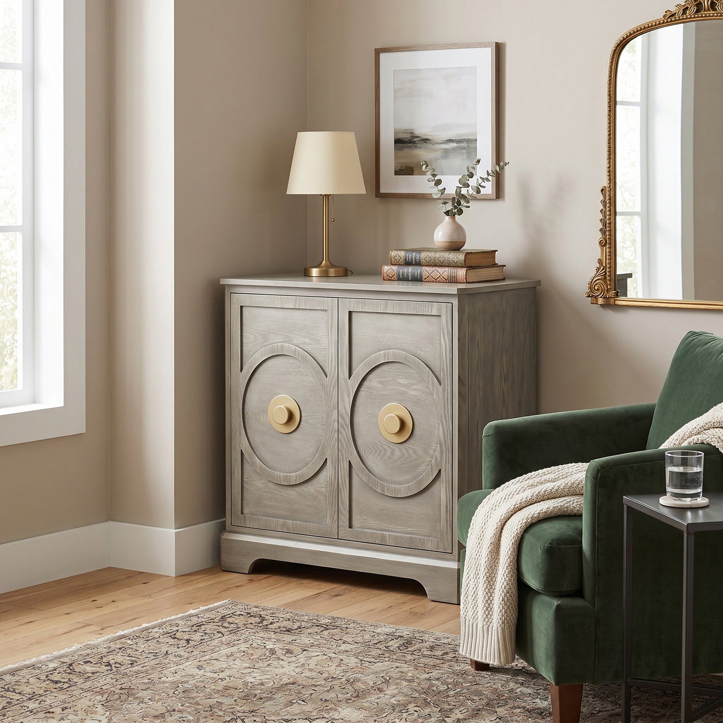 eHemco Art Deco 2-Door Storage Cabinet with Gold Accent Knob, Modern Retro Style, 32 x 14 x 33 Inches, Light Gray
