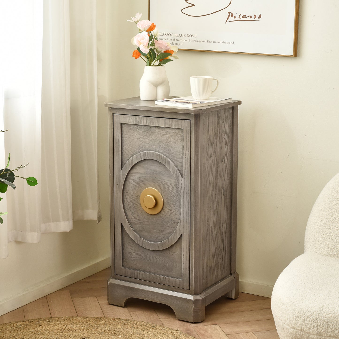 eHemco Art Deco End Table with Gold Accent Knob, Rectangular Side Table with Storage, Modern Retro Style, 18 x 14 x 30.5 Inches, Light Gray