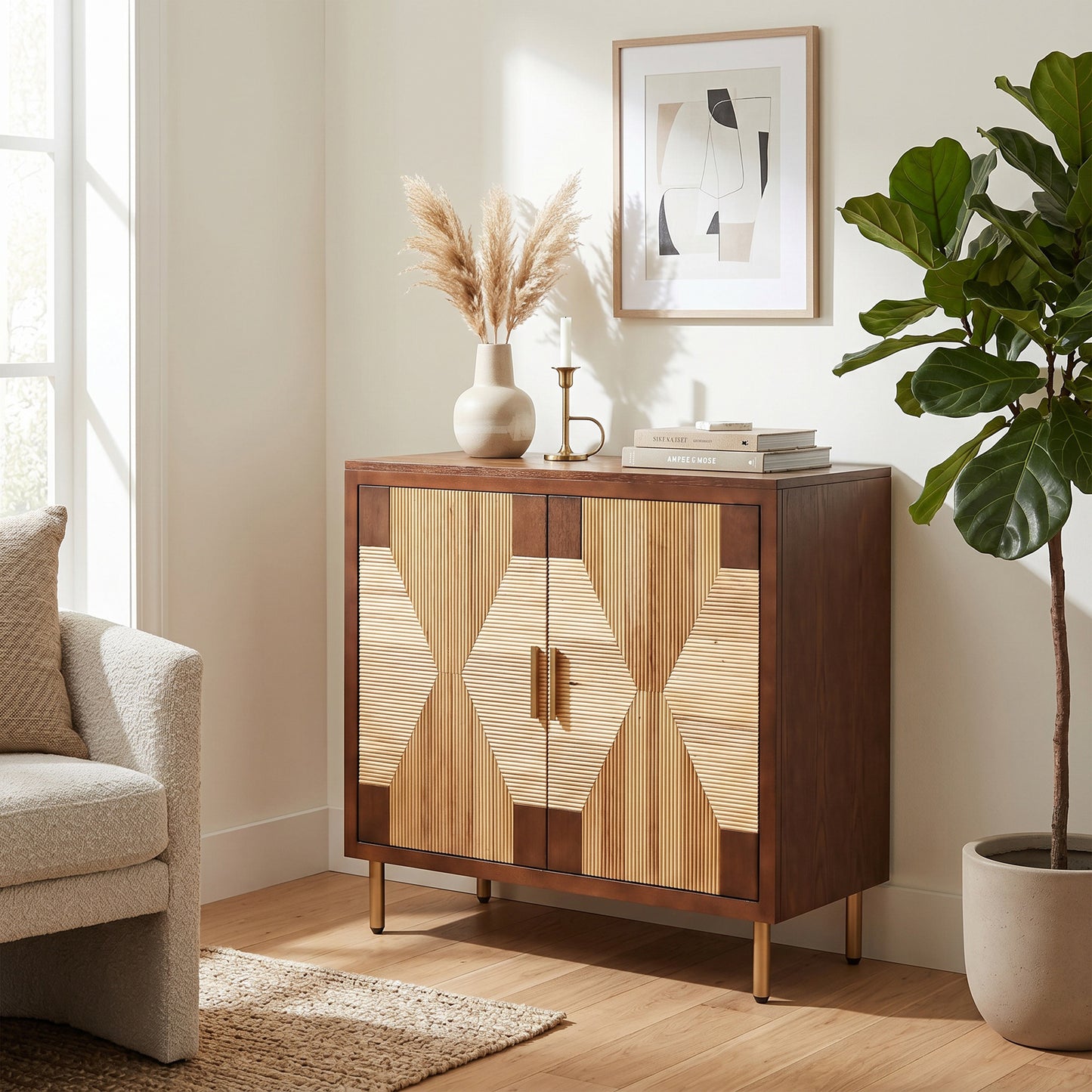 eHemco Modern 2-Door Storage Cabinet, Two-Toned Ribbed Parquet Design, 32 x 14 x 31.5 Inches, Antique Walnut and Natural Finish