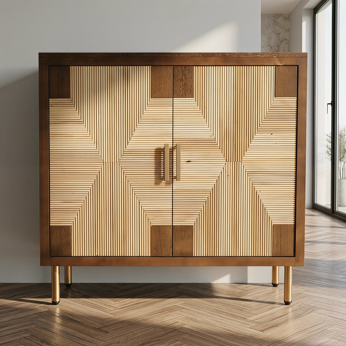 eHemco Modern 2-Door Storage Cabinet, Two-Toned Ribbed Parquet Design, 32 x 14 x 31.5 Inches, Antique Walnut and Natural Finish