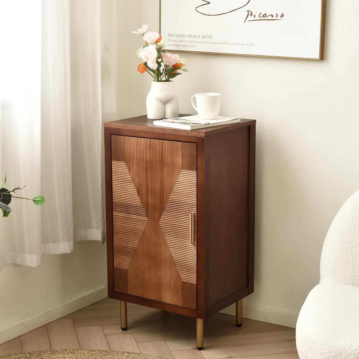 eHemco Modern End Table with Storage, Two-toned Ripped Parquet Design, 17 x 14 x 30 Inches, Antique Walnut and Natural Finish