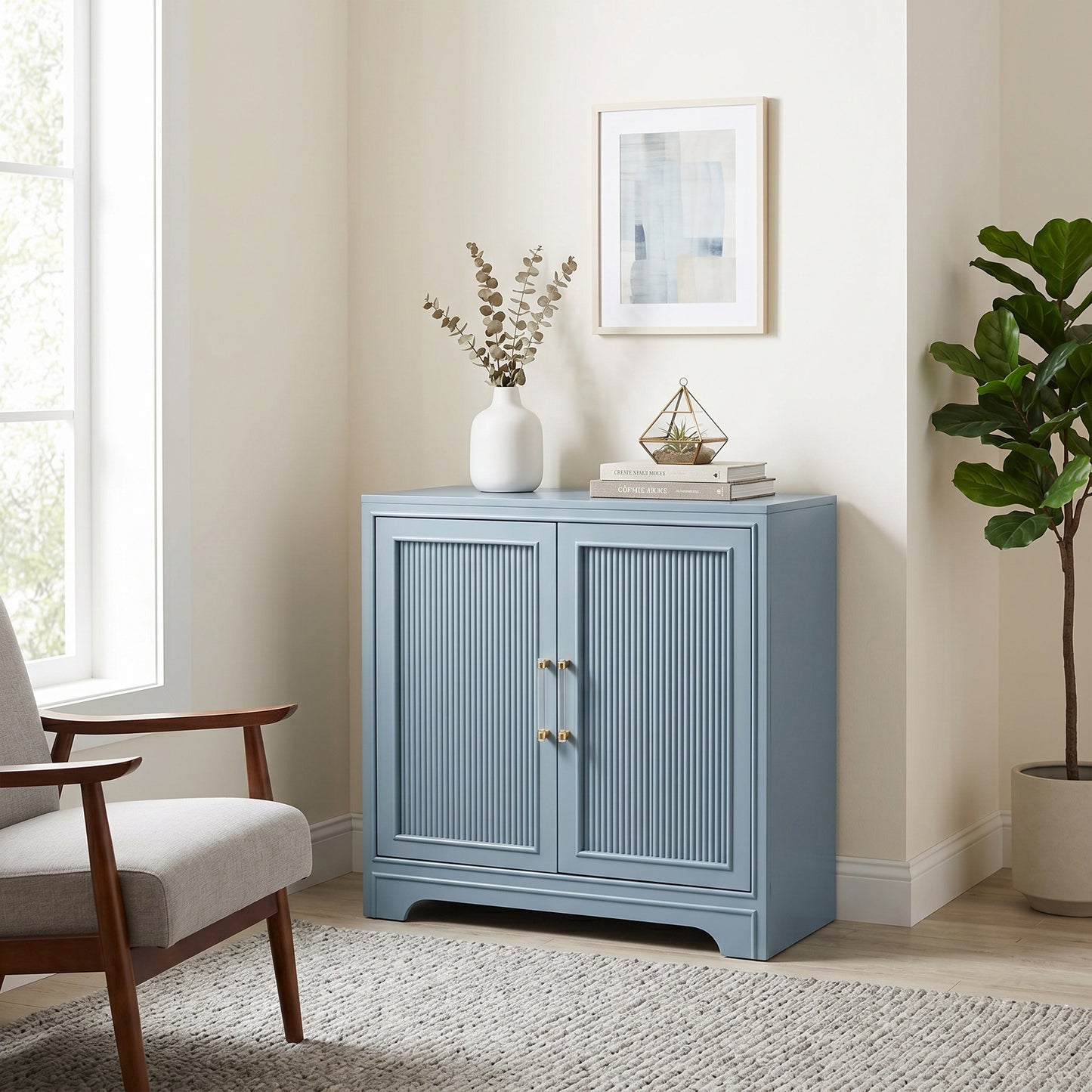 eHemco 2-Door Storage Cabinet, Azure Grey, Ribbed Style, Modern Retro Design, 32 x 14 x 33 Inches