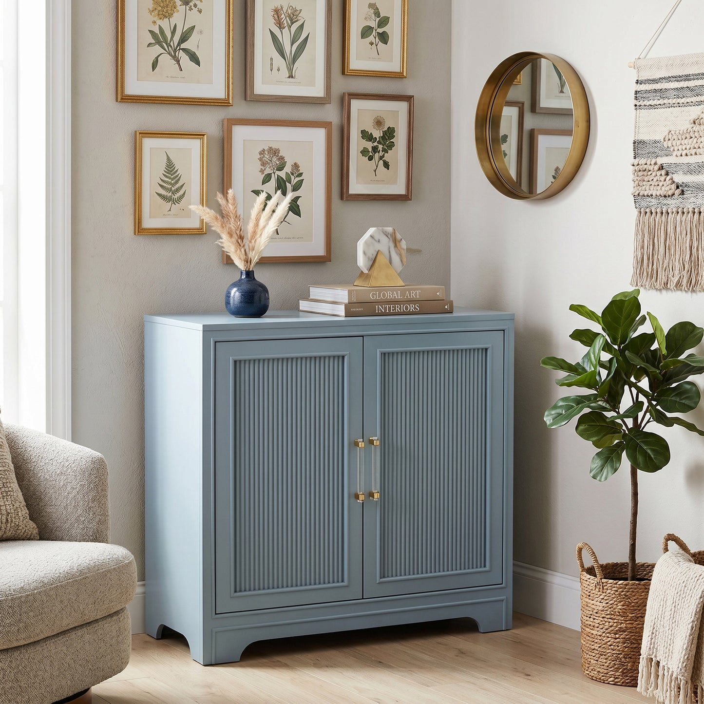 eHemco 2-Door Storage Cabinet, Azure Grey, Ribbed Style, Modern Retro Design, 32 x 14 x 33 Inches