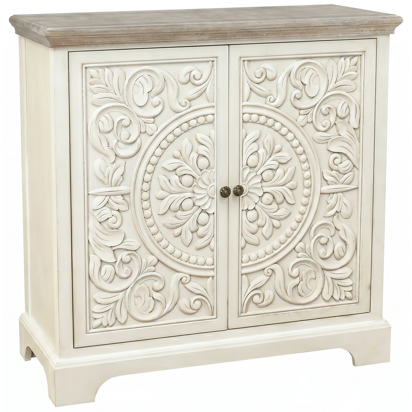 eHemco Ornate Floral Carved 2-Door Storage Cabinet, Retro Style, Natural and White, 32 x 14 x 33 Inches
