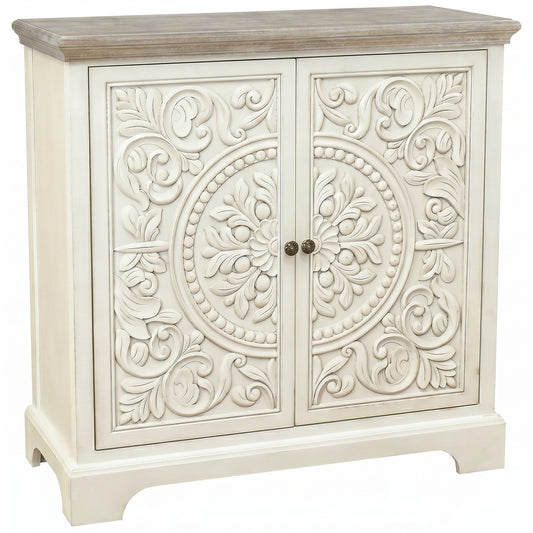 eHemco Ornate Floral Carved 2-Door Storage Cabinet, Retro Style, Natural and White, 32 x 14 x 33 Inches