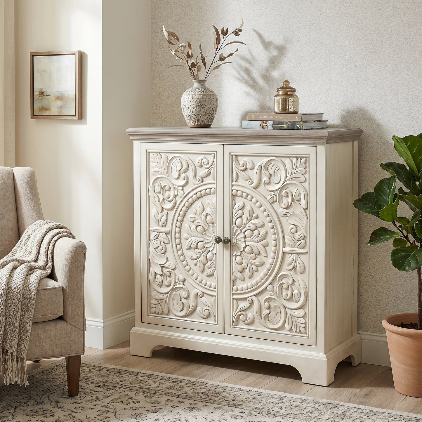 eHemco Ornate Floral Carved 2-Door Storage Cabinet, Retro Style, Natural and White, 32 x 14 x 33 Inches