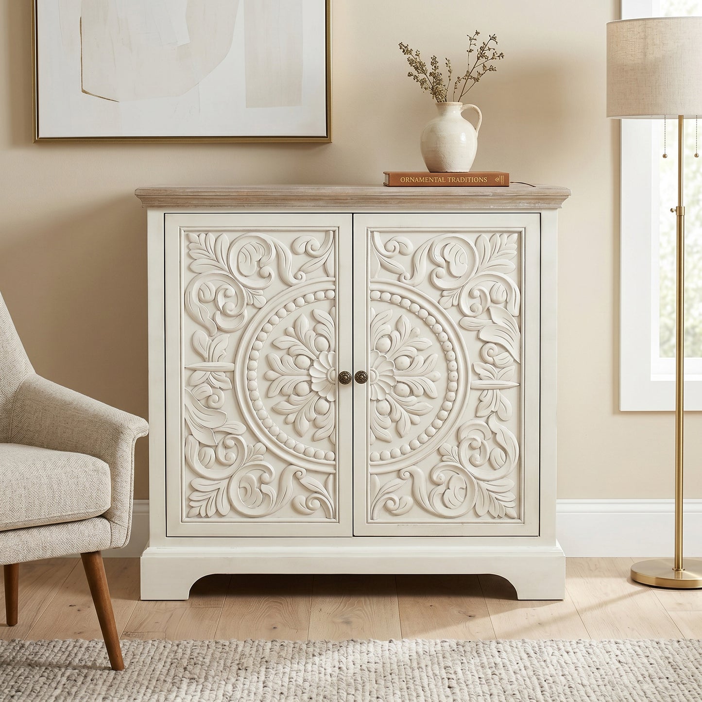 eHemco Ornate Floral Carved 2-Door Storage Cabinet, Retro Style, Natural and White, 32 x 14 x 33 Inches