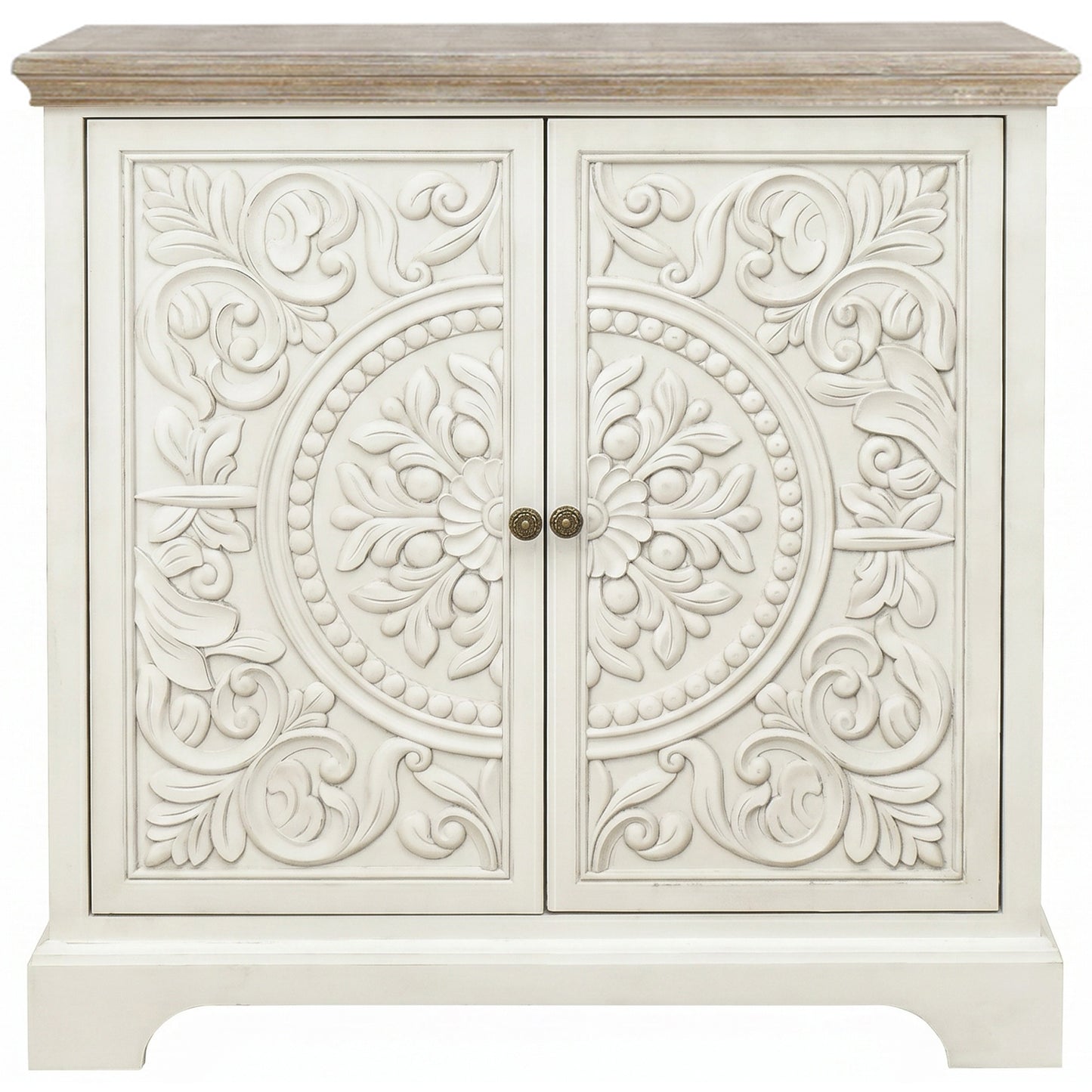 eHemco Ornate Floral Carved 2-Door Storage Cabinet, Retro Style, Natural and White, 32 x 14 x 33 Inches