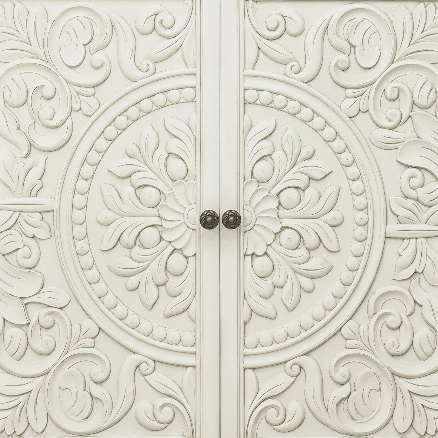 eHemco Ornate Floral Carved 2-Door Storage Cabinet, Retro Style, Natural and White, 32 x 14 x 33 Inches