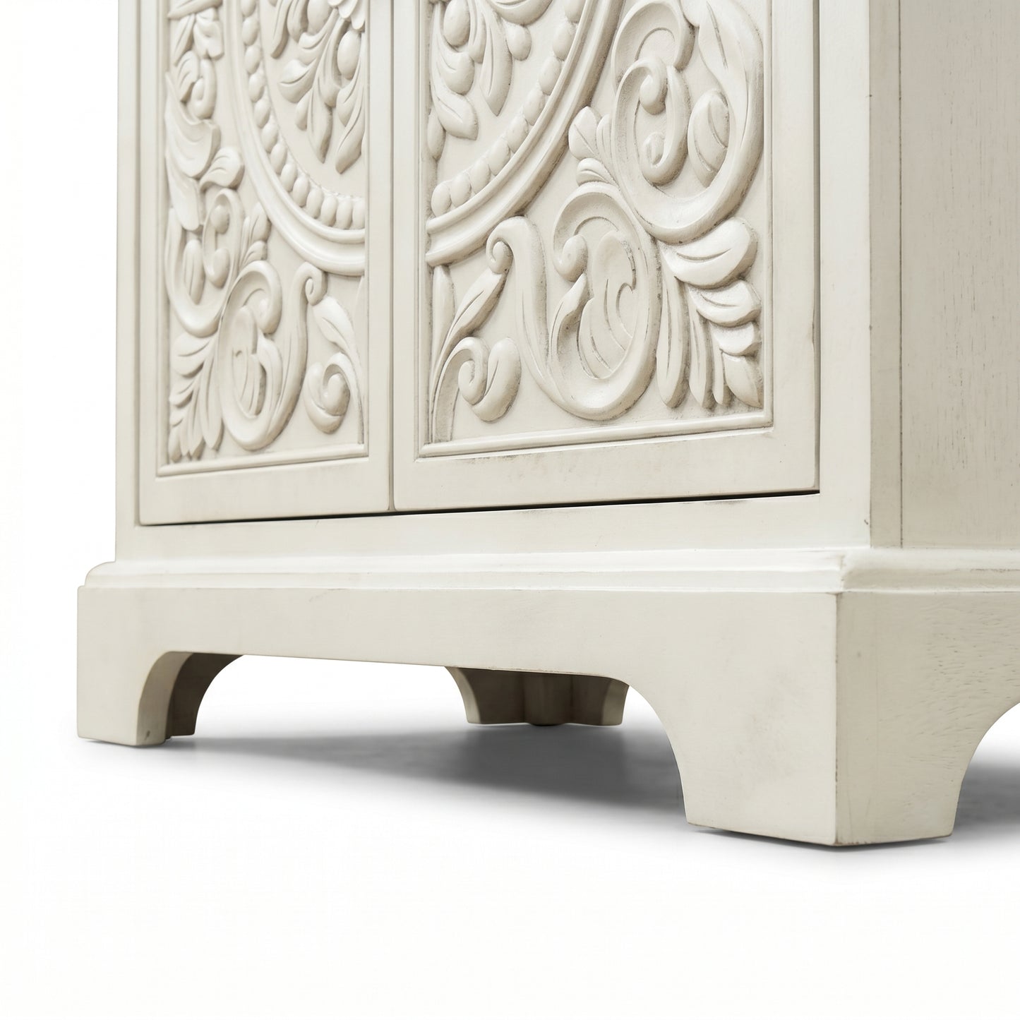 eHemco Ornate Floral Carved 2-Door Storage Cabinet, Retro Style, Natural and White, 32 x 14 x 33 Inches