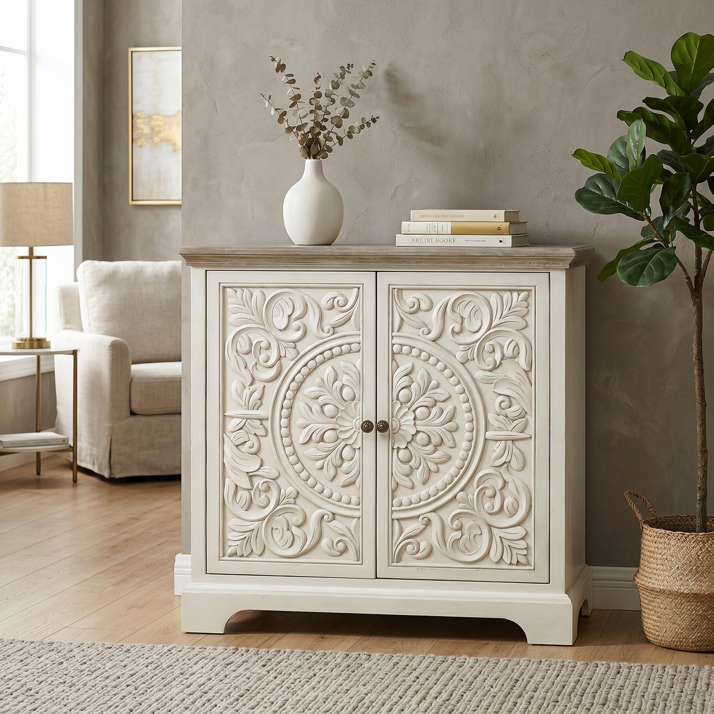 eHemco Ornate Floral Carved 2-Door Storage Cabinet, Retro Style, Natural and White, 32 x 14 x 33 Inches