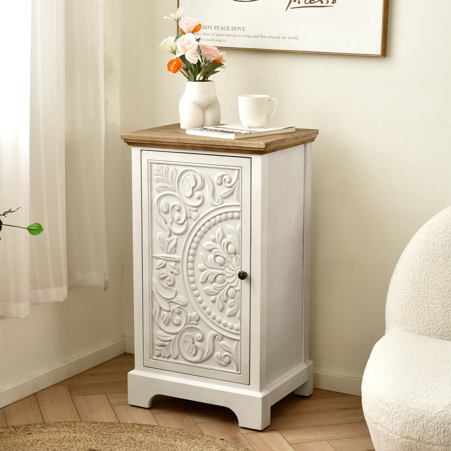 eHemco Ornate Floral Carved End Table with Storage, 18 x 14 x 30.5 Inches, Retro Style Living Room Furniture, Natural and White