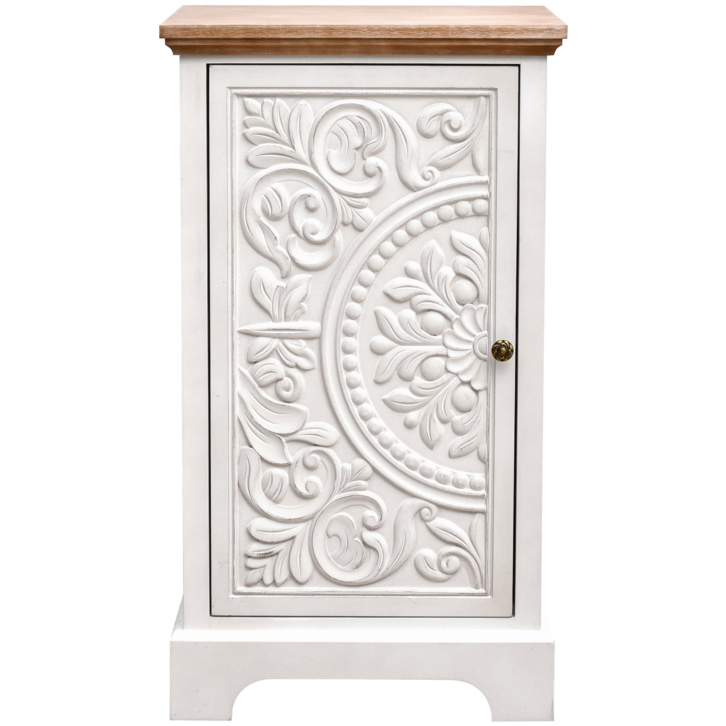 eHemco Ornate Floral Carved End Table with Storage, 18 x 14 x 30.5 Inches, Retro Style Living Room Furniture, Natural and White